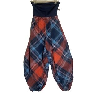 Anthropologie Strapless Plaid Harem Jumpsuit in Navy, Red, Blue